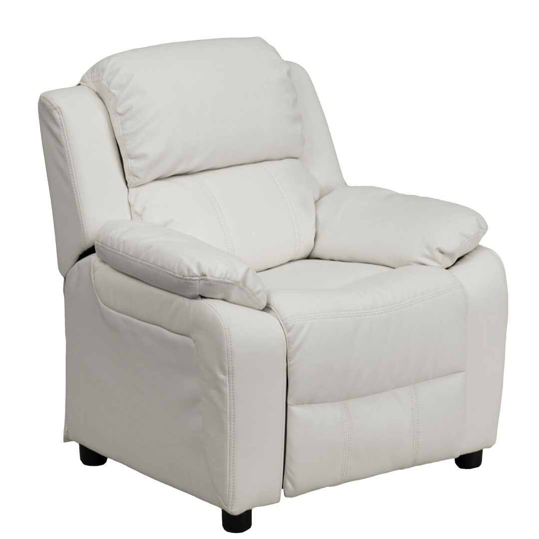 Charlie Deluxe Padded Contemporary White Vinyl Kids Recliner with Storage Arms