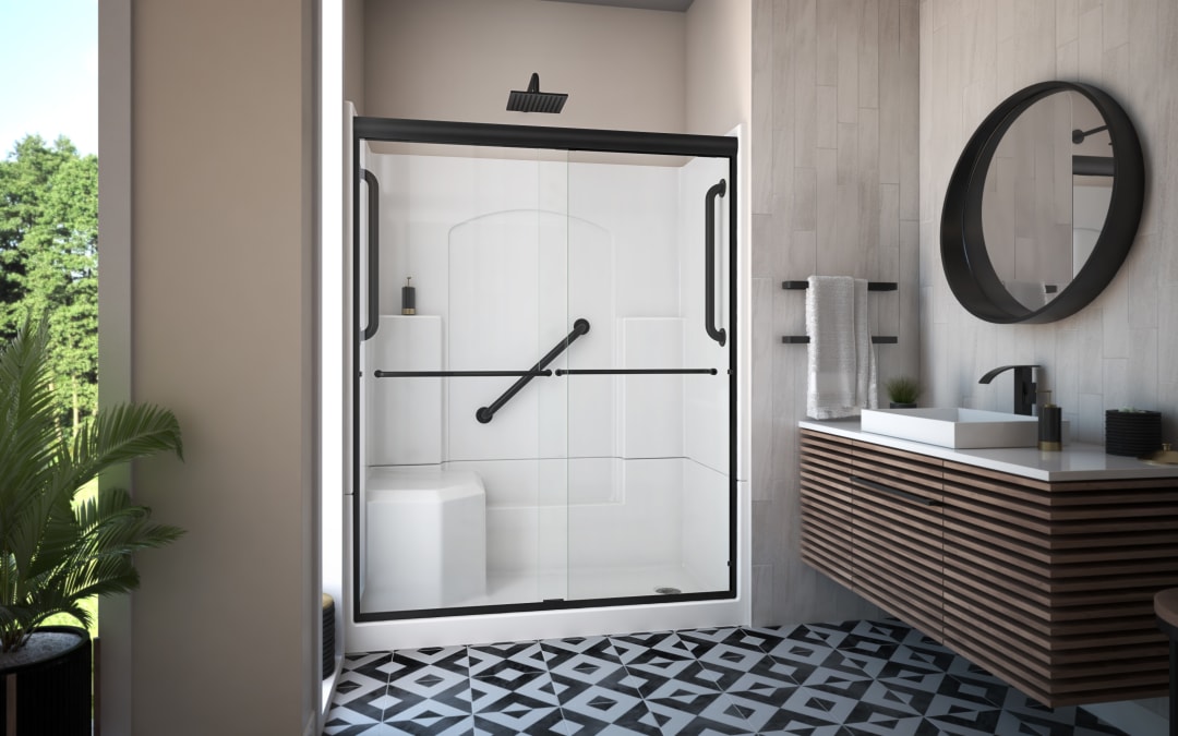 DreamLine Accessible Living Alliance Plus Shower Kit, RH Drain, with Door and Grab Bars, Matte Black