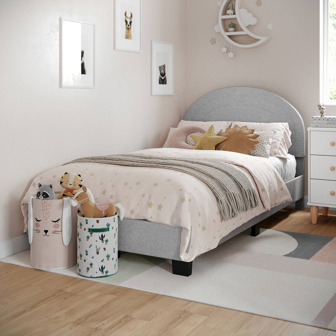 Twin Platform Bed Frame with Curved Headboard and Wood Slat Foundation in Gray