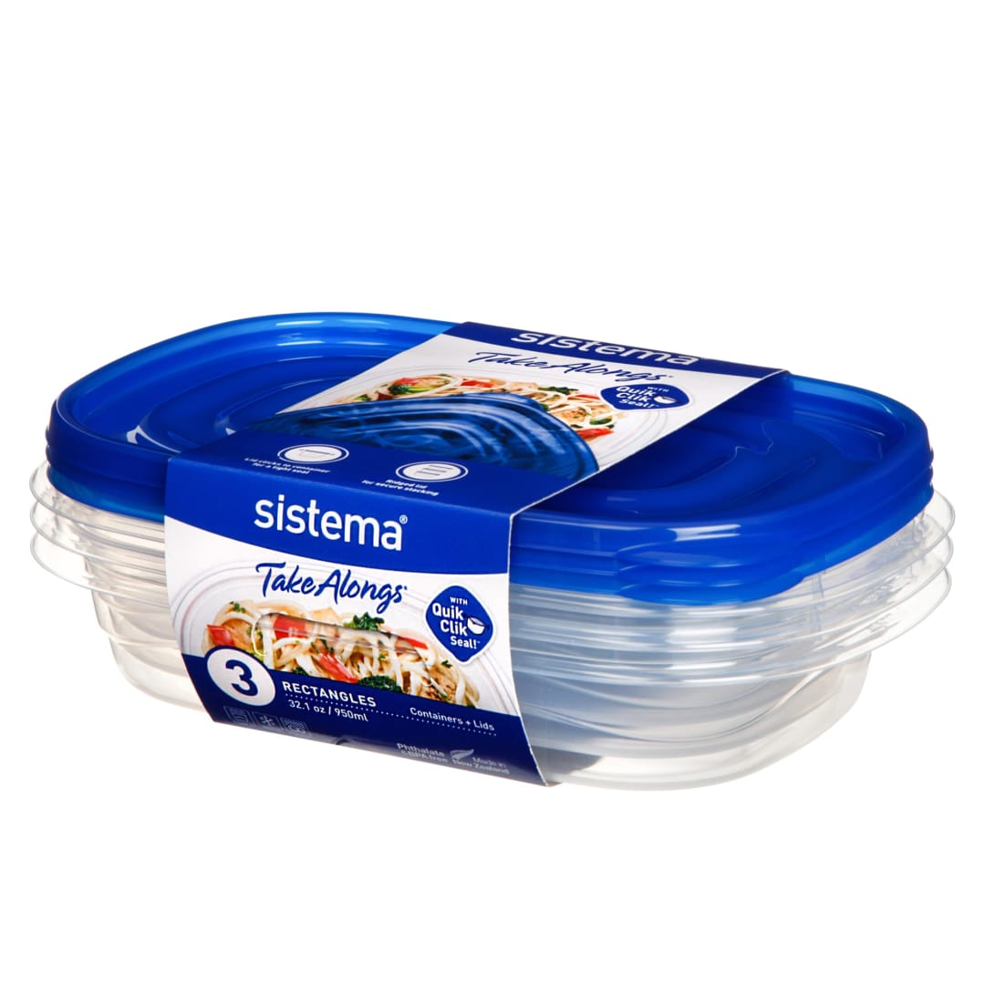 Sistema Takealongs Food Storage Containers | 950 ml Reusable Rectangle Plastic Containers | Clear with Blue Lid | BPA Free | 3 Count