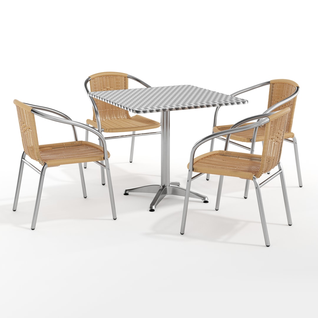 Lila 31.5'' Square Aluminum Indoor-Outdoor Table Set with 4 Beige Rattan Chairs