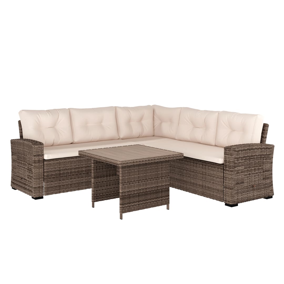 Huck Indoor/Outdoor Wicker Rattan Conversation Set, L-Shaped Sofa with Dining Table, Weather Resistant Cushions, Beige and Brown