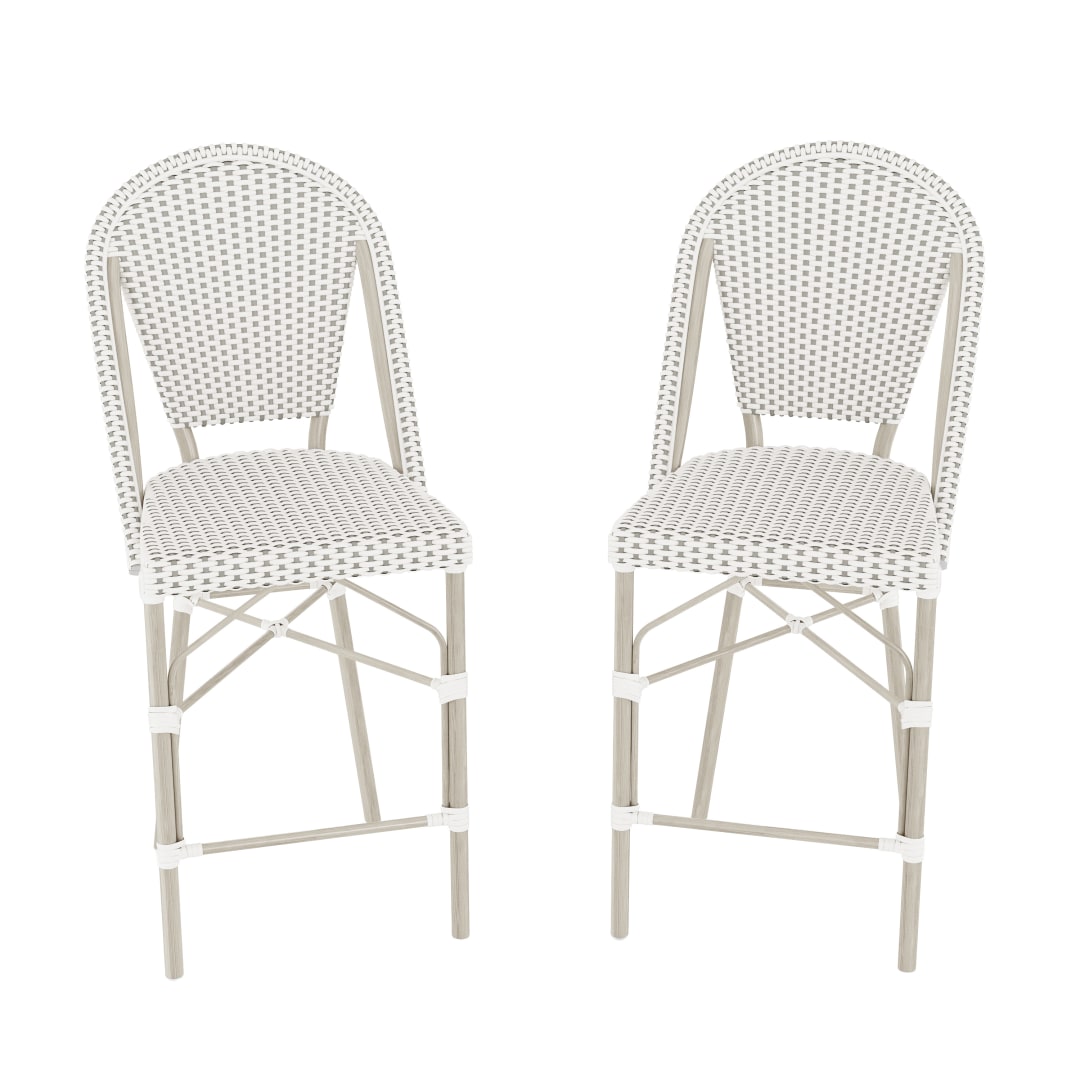 Lily Pond Set of 2 Indoor-Outdoor Stackable Bistro Counter Stools with Gray Woodgrain Aluminum Finish Frame, White/Gray Woven Rattan Back/Seat