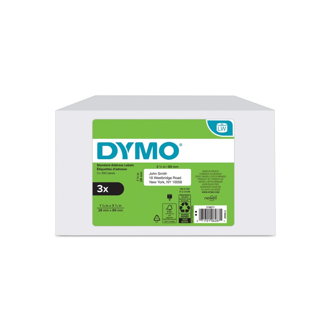 DYMO® Authentic LW Mailing Address Labels for LabelWriter™ Label Printers, (1-1/8" x 3-1/2"), 3 Rolls of 350 (1050 Total)