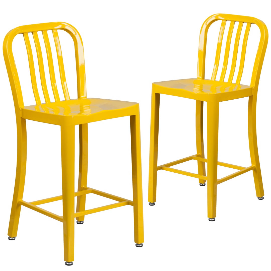 Gael Commercial Grade 2 Pack 24" High Yellow Metal Indoor-Outdoor Counter Height Stool with Vertical Slat Back