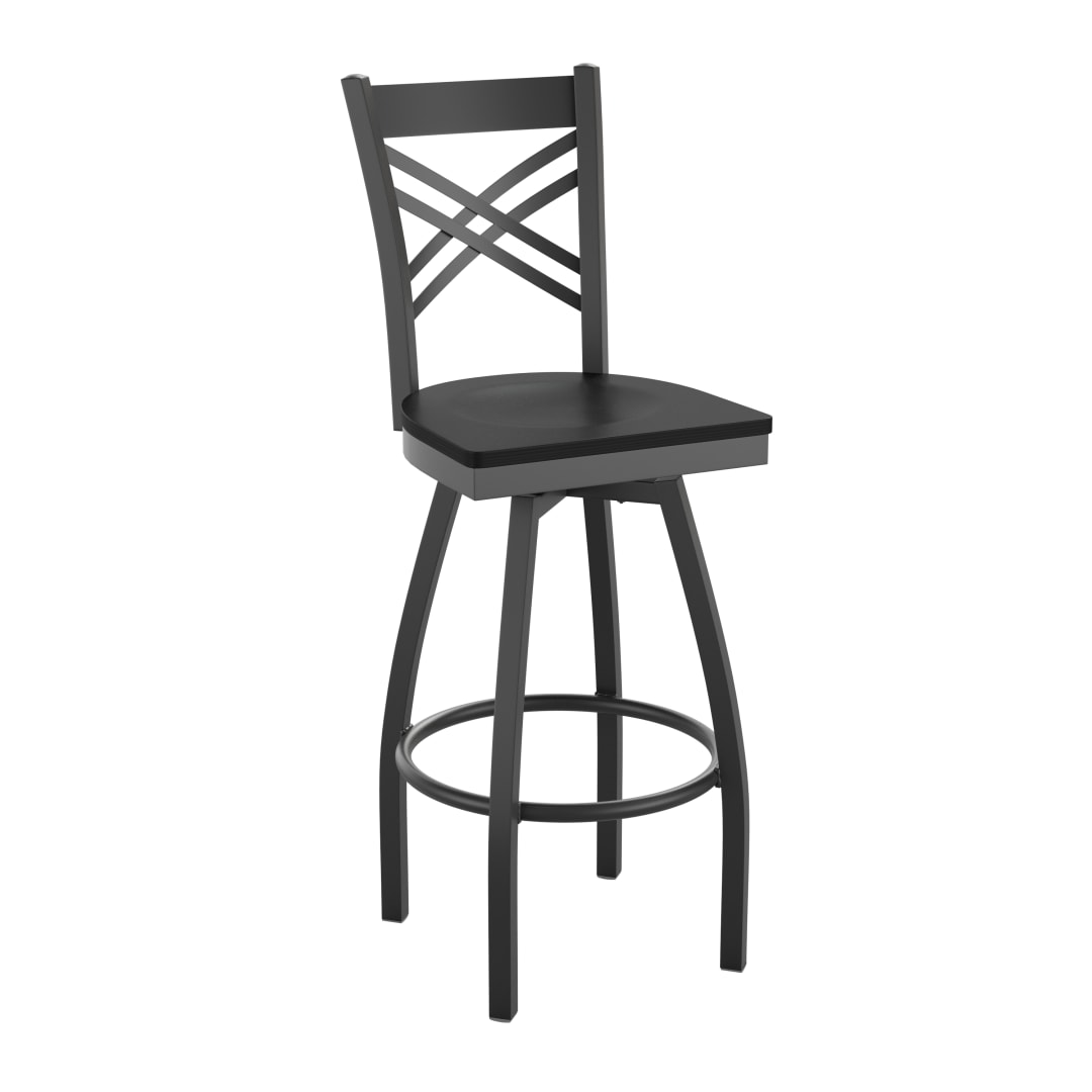 HERCULES Series Black ''X'' Back Swivel Metal Barstool - Black Wood Seat