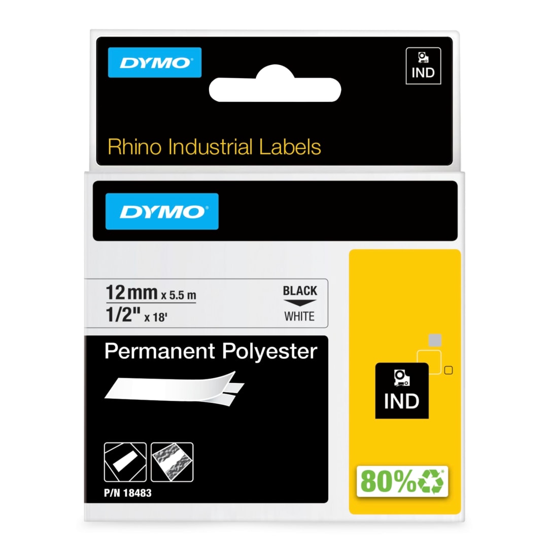 DYMO® Rhino Industrial Permanent Polyester Labels, 1/2", Black Print on White Tape