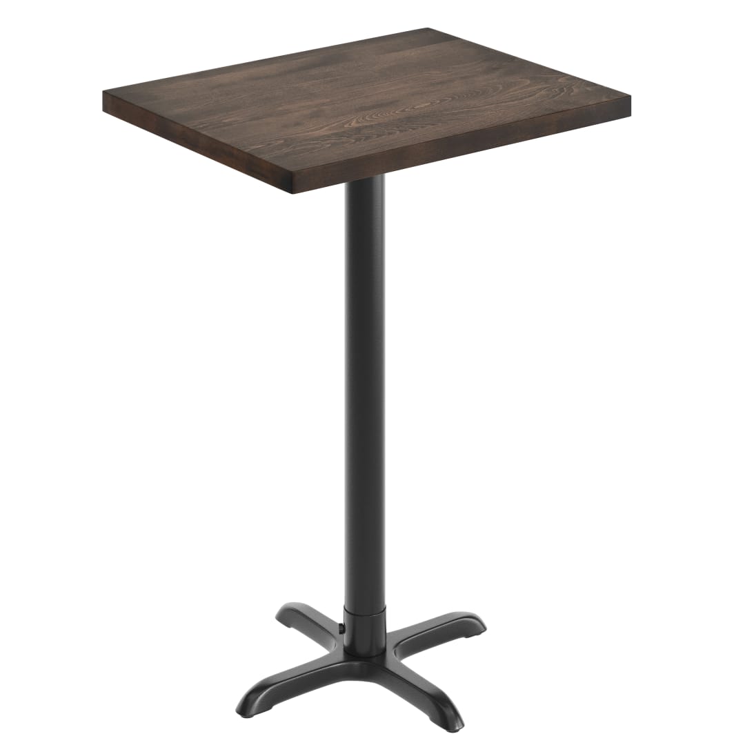 Bennett 24" x 30" Solid Wood Commercial Indoor Tabletop in Dark Brown with 22" x 22" Bar Height Rust-Resistant Black Cast Iron X-Base