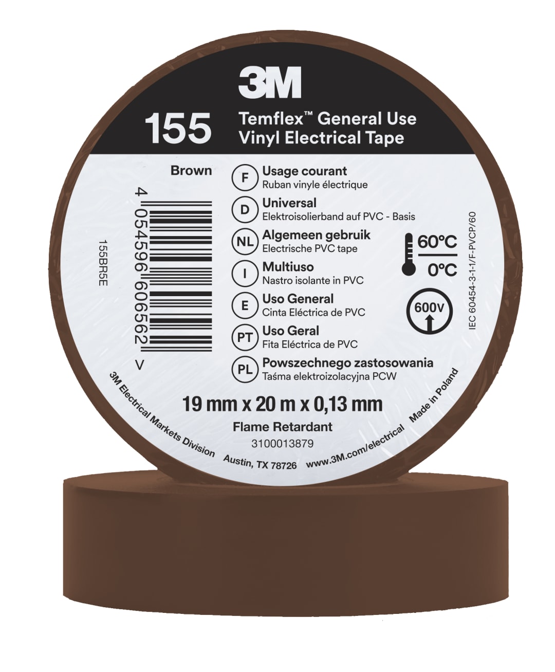 3M™ Temflex™ Vinyl Electrical Tape 155, Brown, 19 mm x 20 m, 100 Rolls/Case