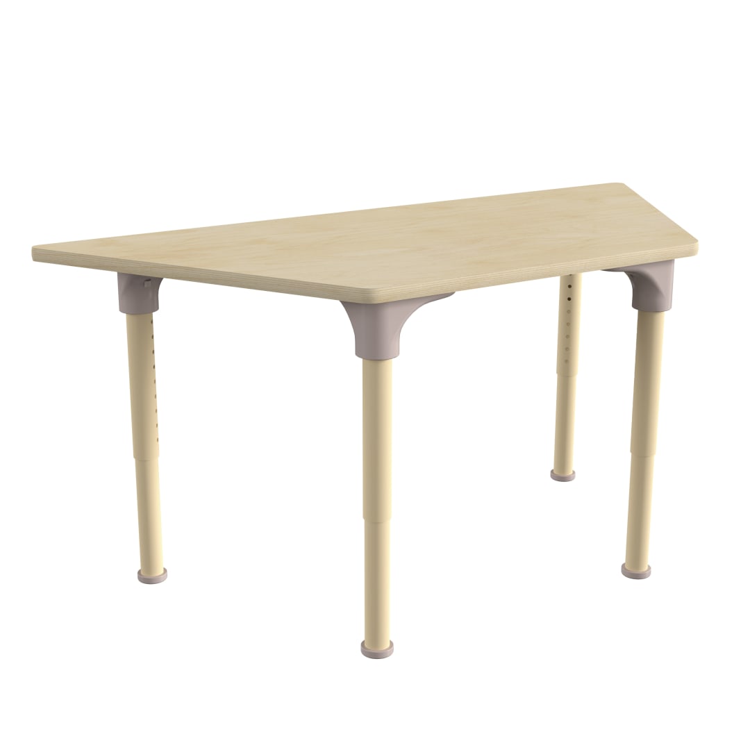 Bright Beginnings 47" Commercial Grade Wooden Trapezoid Adjustable Height Classroom Activity Table - Metal Legs Adjust From 15"H - 23"H, Beech