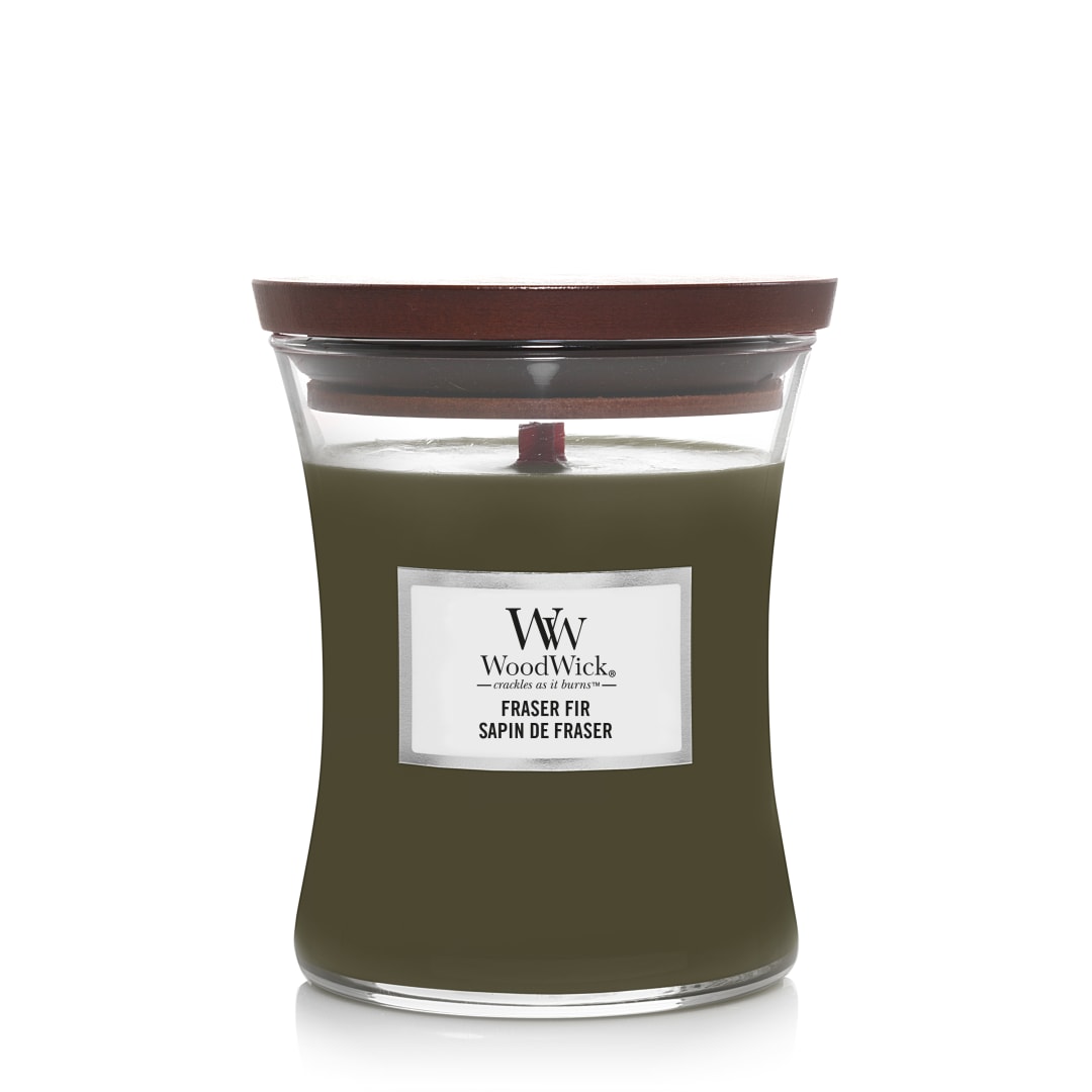 WoodWick Vela perfumada hourglass mediana | Fraser Fir | con mecha crepitante | Tiempo de combustión: hasta 60 horas