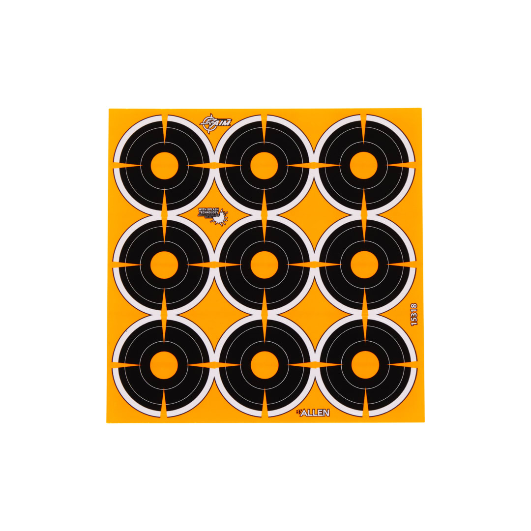EZ Aim® Adhesive Splash Reactive Paper Shooting Targets, 2" Bullseye, 9 Targets Per Sheet, 12-Sheets, Black/Orange