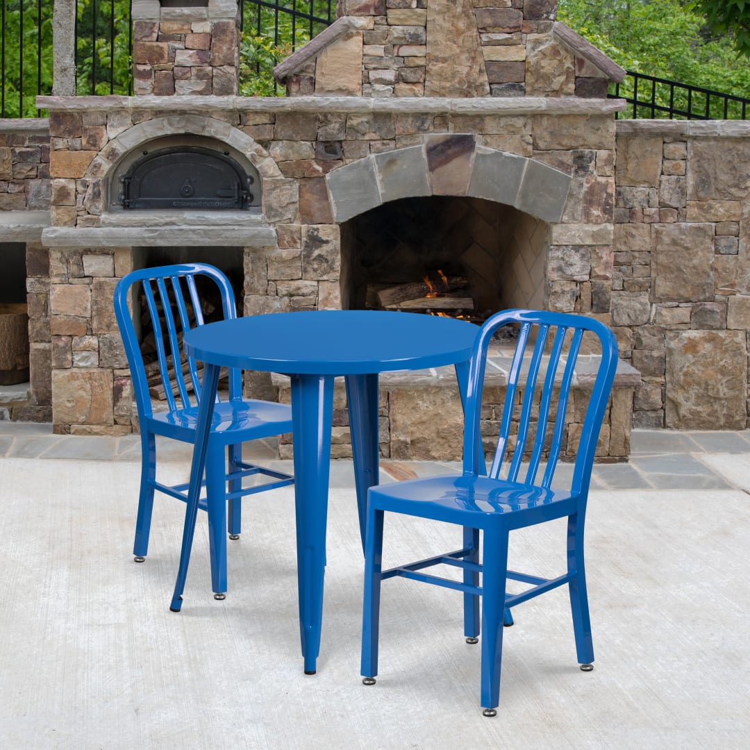 Craig Commercial Grade 30" Round Blue Metal Indoor-Outdoor Table Set with 2 Vertical Slat Back Chairs
