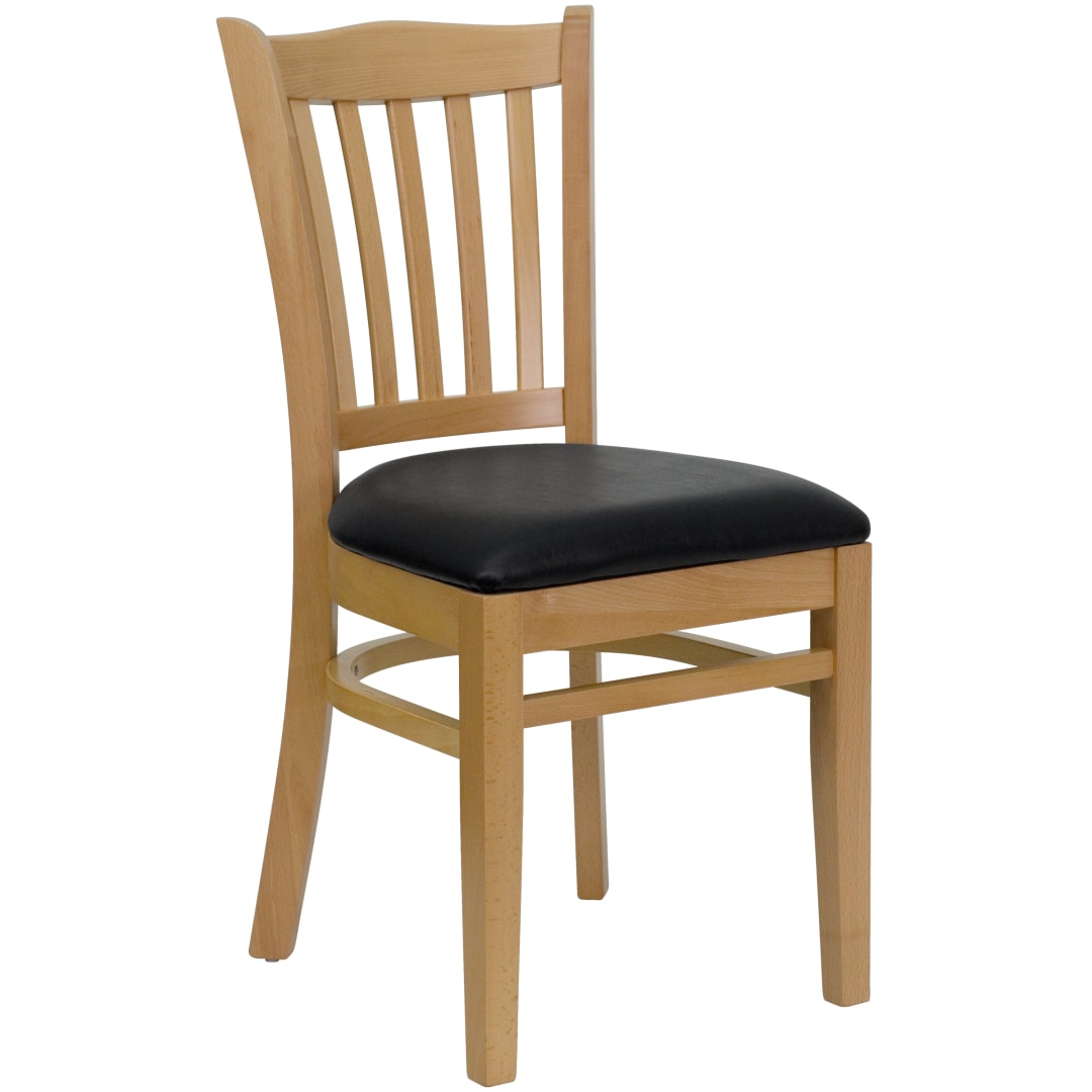 HERCULES Series Vertical Slat Back Natural Wood Restaurant Chair - Black Vinyl Seat