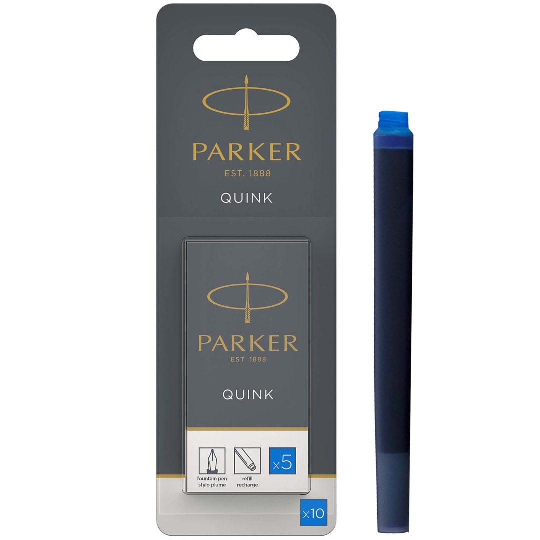 Parker Fountain Pen Ink Refill Cartridges | Long | Washable Blue QUINK Ink | 10 Count