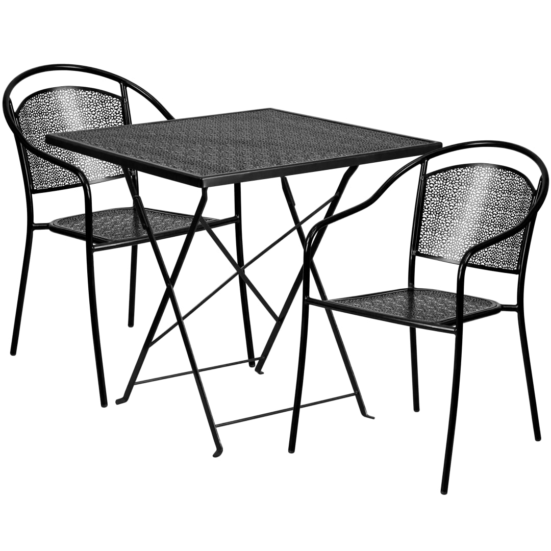 Oia Commercial Grade 28" Square Black Indoor-Outdoor Steel Folding Patio Table Set with 2 Round Back Chairs
