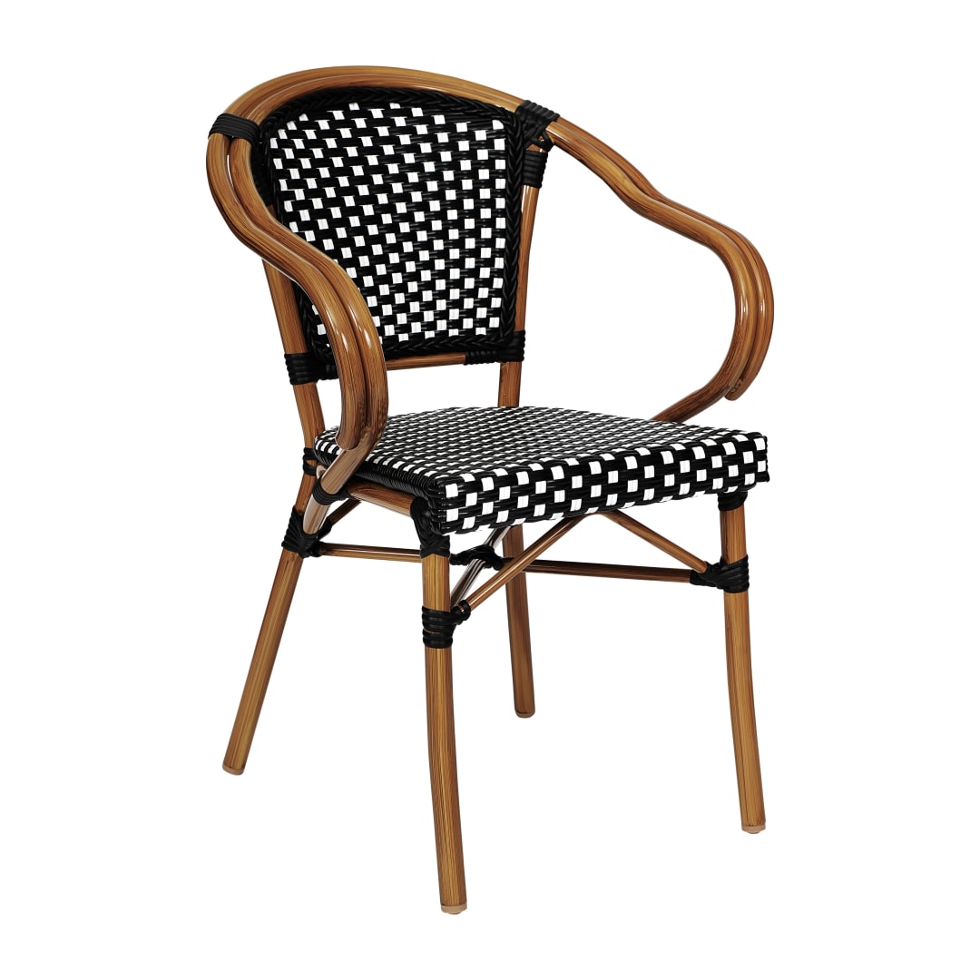 Bordeaux Indoor/Outdoor Commercial Bistro Stacking Chair with Arms, Black and White PE Rattan and Bamboo Print Aluminum Frame in Natural