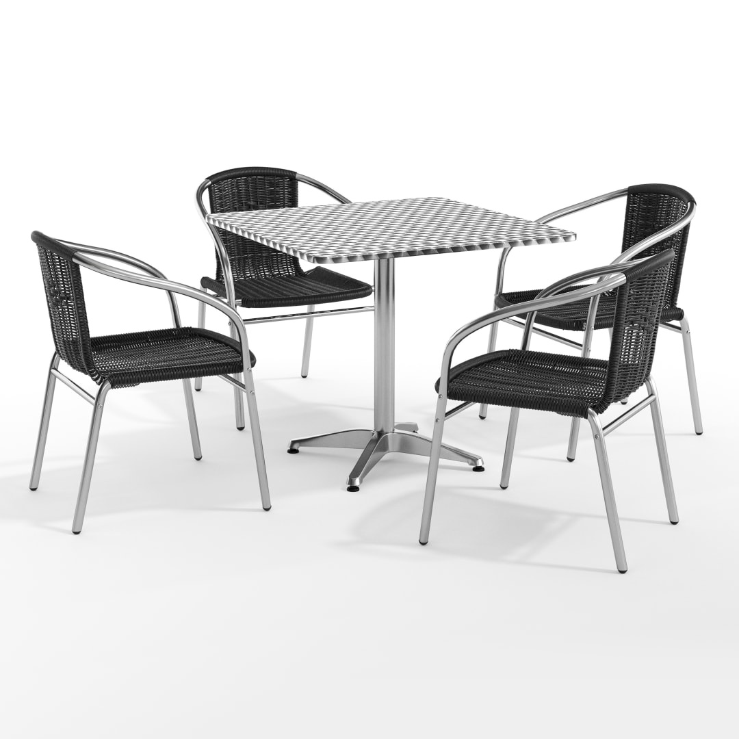 Lila 31.5'' Square Aluminum Indoor-Outdoor Table Set with 4 Black Rattan Chairs