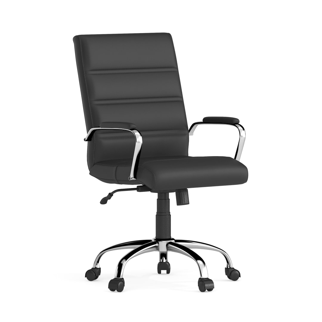 Whitney Mid-Back Black LeatherSoft Executive Swivel Office Chair with Chrome Frame and Arms