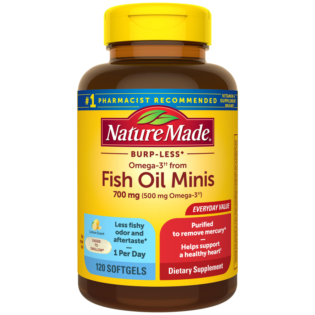 Nature Made Burp Less Omega 3 Fish Oil 700 mg Minis Softgels, Fish Oil Supplements as Ethyl Esters for Healthy Heart Support, One Per Day, 120 Count