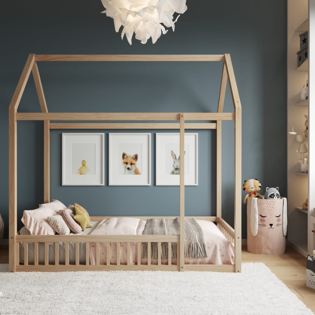 Kids Twin-Size House Shaped Bed with Triangular Top in Natural