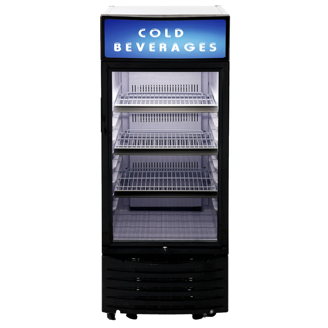 Avanti Commercial Beverage Center, Glass Door Refrigerator with Custom Light Box, 6.0 Cu. Ft. Capacity, in Black and Clear Glass (BCC6Q1BG)