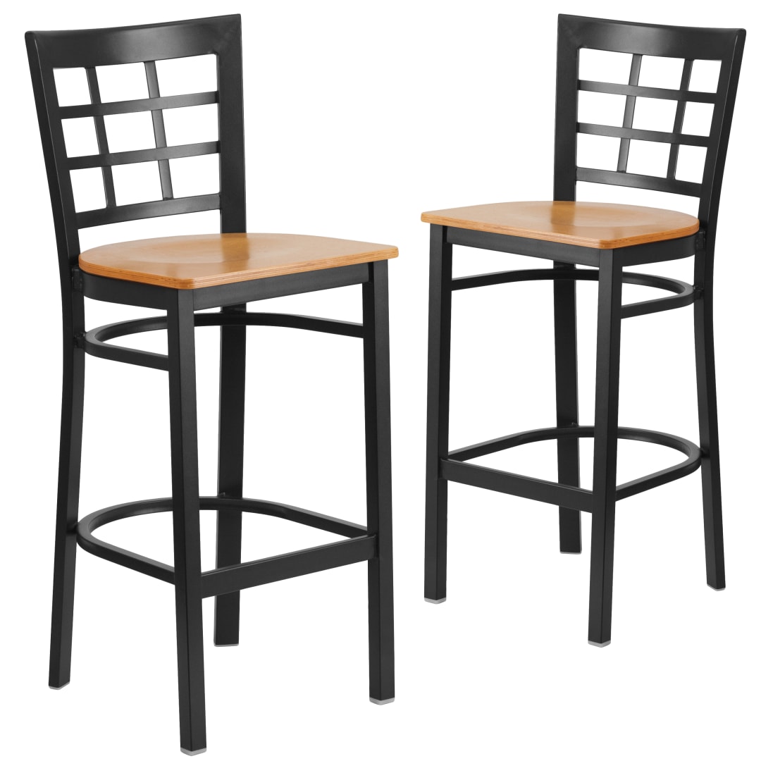 2 Pk. HERCULES Series Black Window Back Metal Restaurant Barstool - Natural Wood Seat