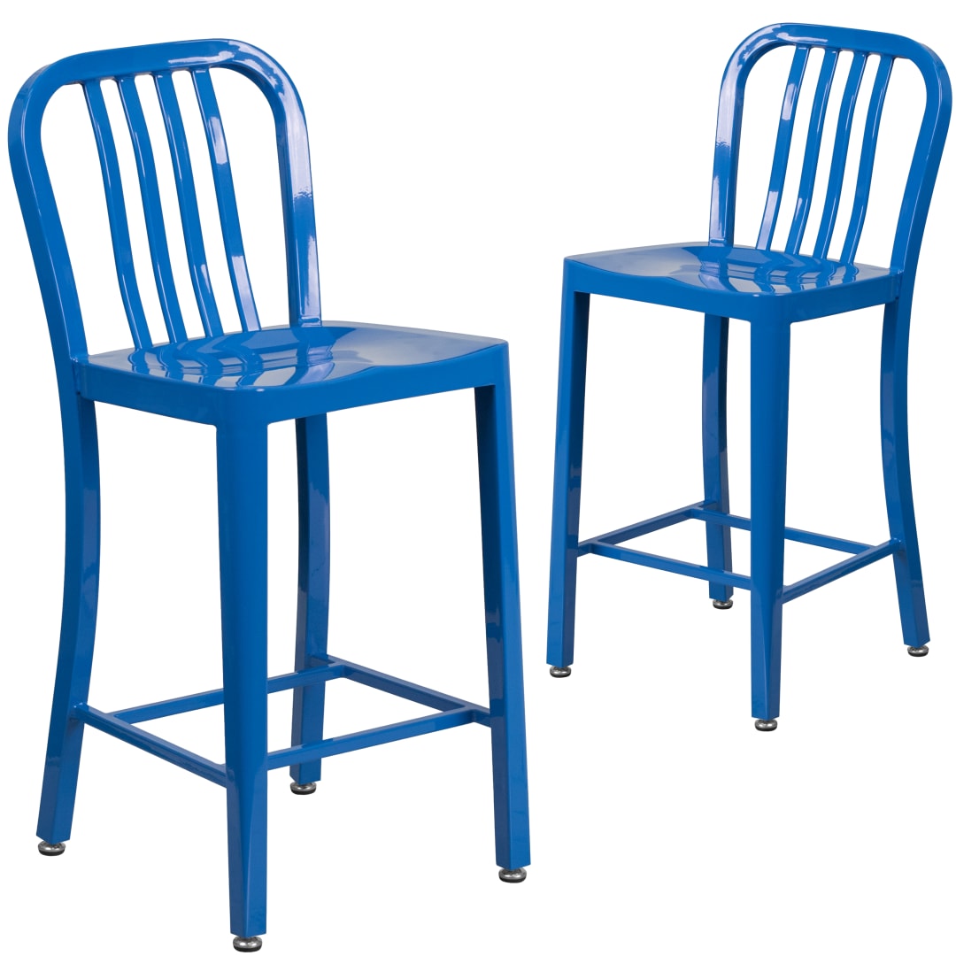 Gael Commercial Grade 2 Pack 24" High Blue Metal Indoor-Outdoor Counter Height Stool with Vertical Slat Back