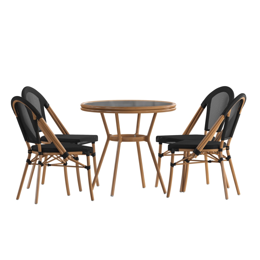 Marseille Indoor/Outdoor Commercial Bistro 31.5" Table, Black Textilene, Glass Top with 4 Stack Chairs - Natural Frame