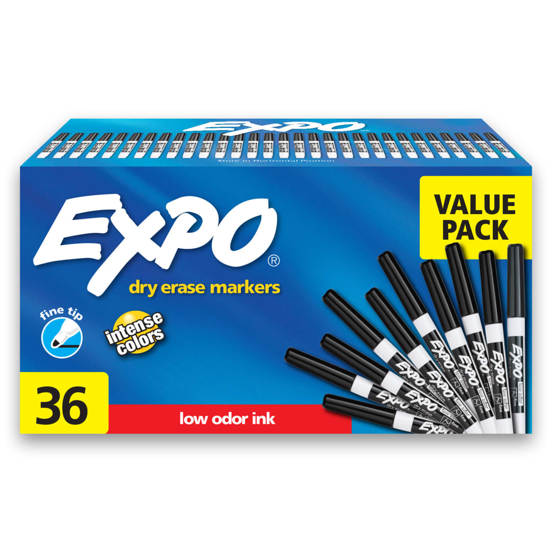 EXPO® Low Odor Dry Erase Markers, Fine Tip, Black, 36 Count