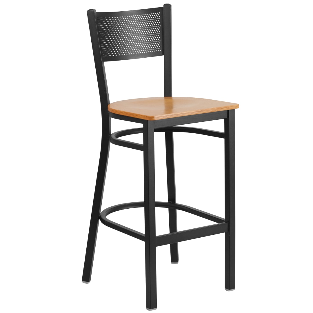 HERCULES Series Black Grid Back Metal Restaurant Barstool - Natural Wood Seat