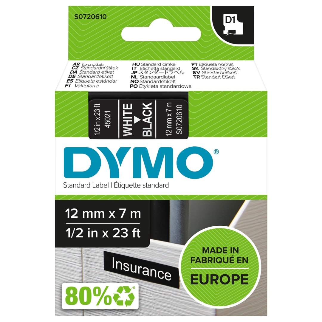 DYMO® Authentic D1 Labels, White Print on Black Tape, 12 mm x 7 m, Self-Adhesive Labels for LabelManager Label Makers, Made in Europe