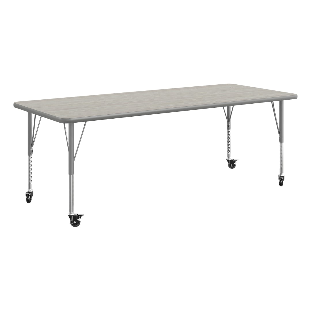 Wren 72" x 30" Adjustable Height Activity Table, Thermal Laminate Top, Short Legs with Locking Casters, Light Gray