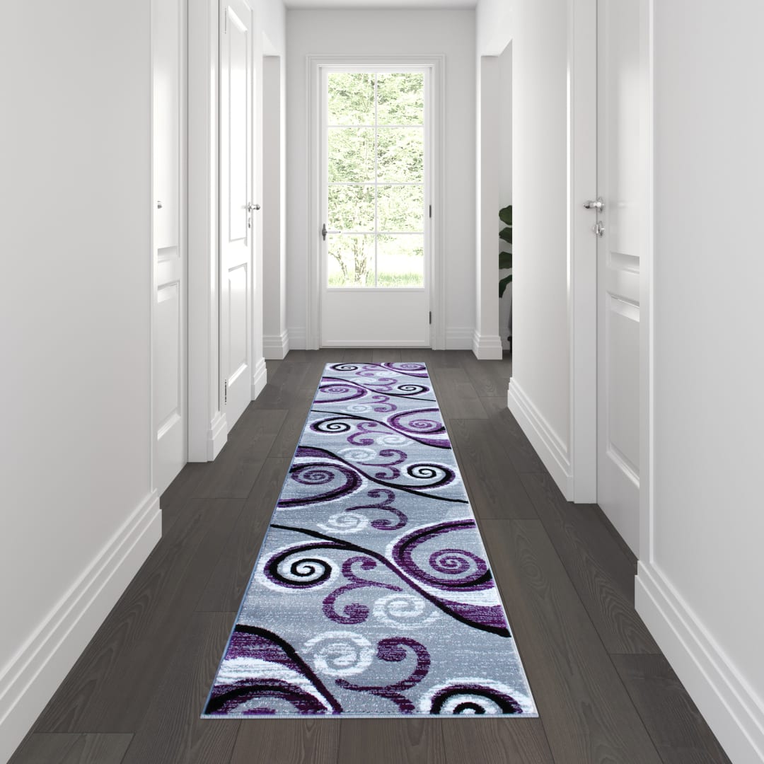 Valli Collection 2' x 11' Purple Abstract Area Rug - Olefin Rug with Jute Backing - Hallway, Entryway, Bedroom, Living Room