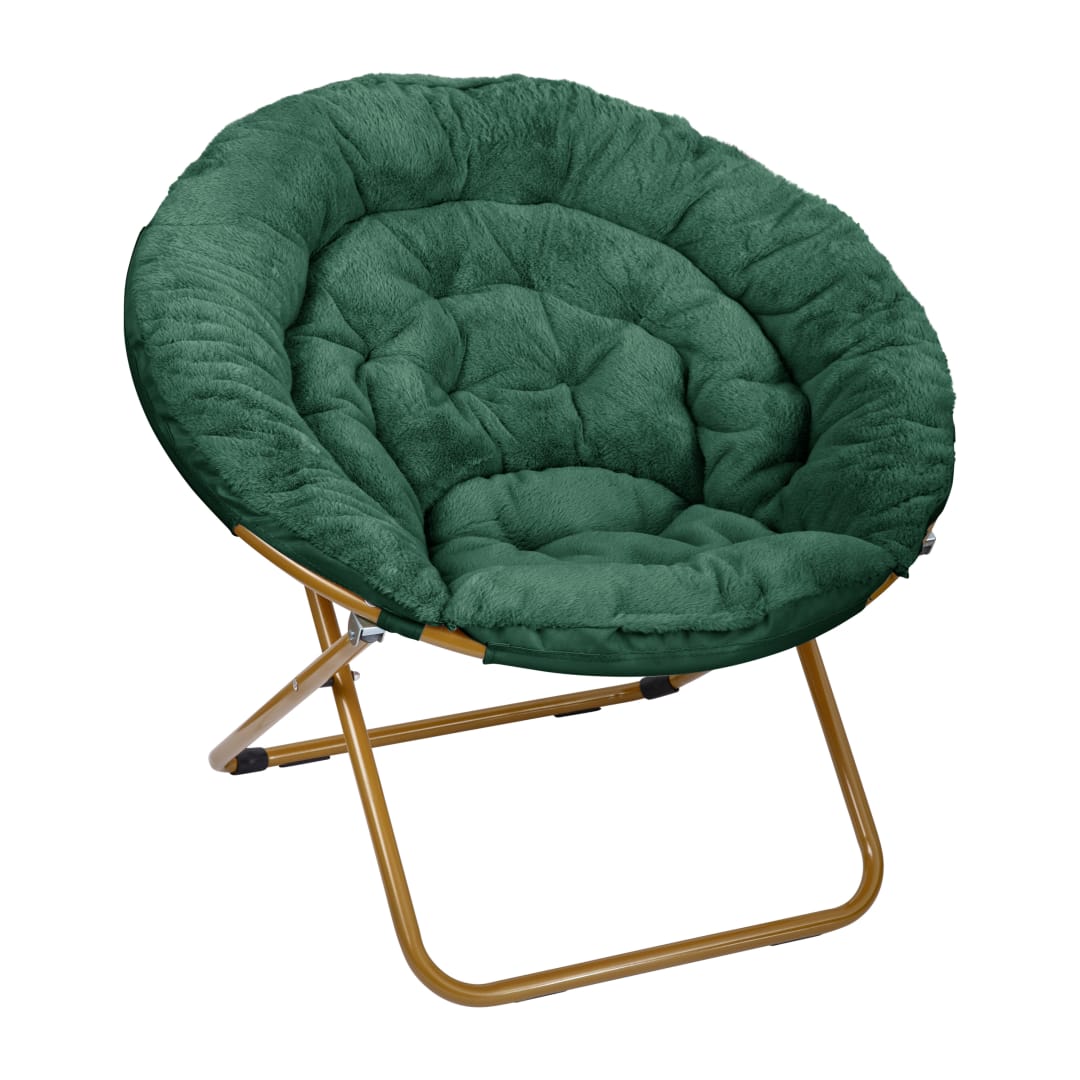 Gwen 38" Oversize Portable Faux Fur Folding Saucer Moon Chair for Dorm and Bedroom, Emerald Faux Fur/Soft Gold Frame