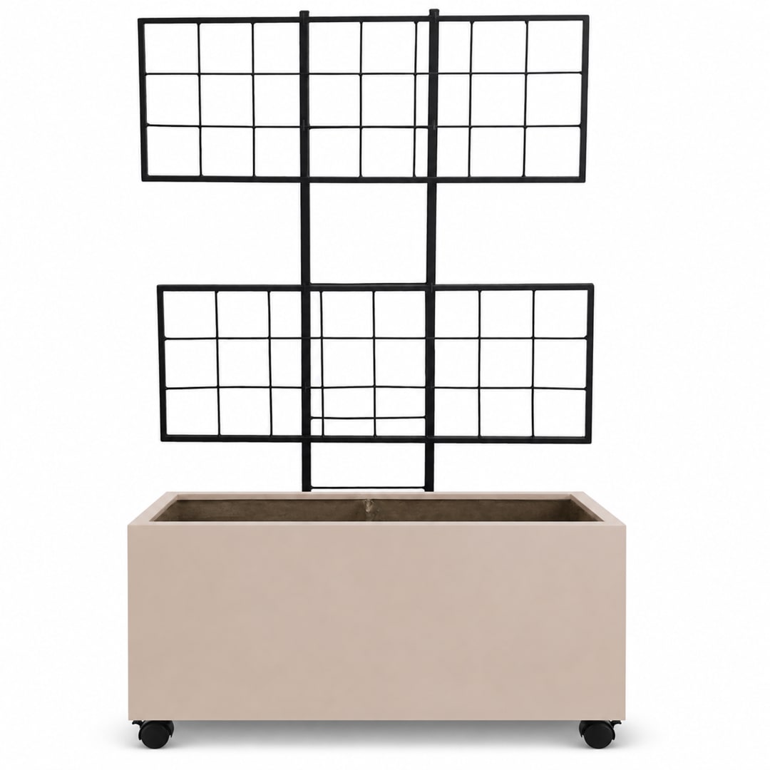 Wide Smooth Polystone Rectangular Planter with Steel Trellis and Wheels, Sand