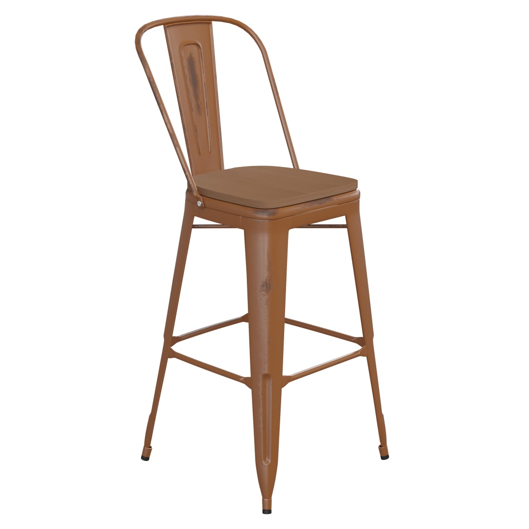 Carly Commercial Grade 30" High Orange Metal Indoor-Outdoor Barstool with Back with Teak Poly Resin Wood Seat