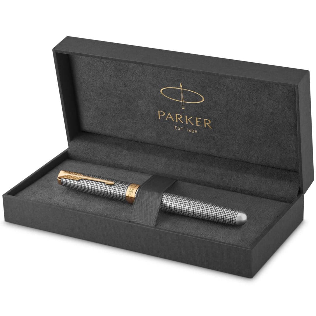 Parker Sonnet Fountain Pen | Chiseled Silver with Gold Trim | Solid 18k Gold Fine Nib | Gift Box