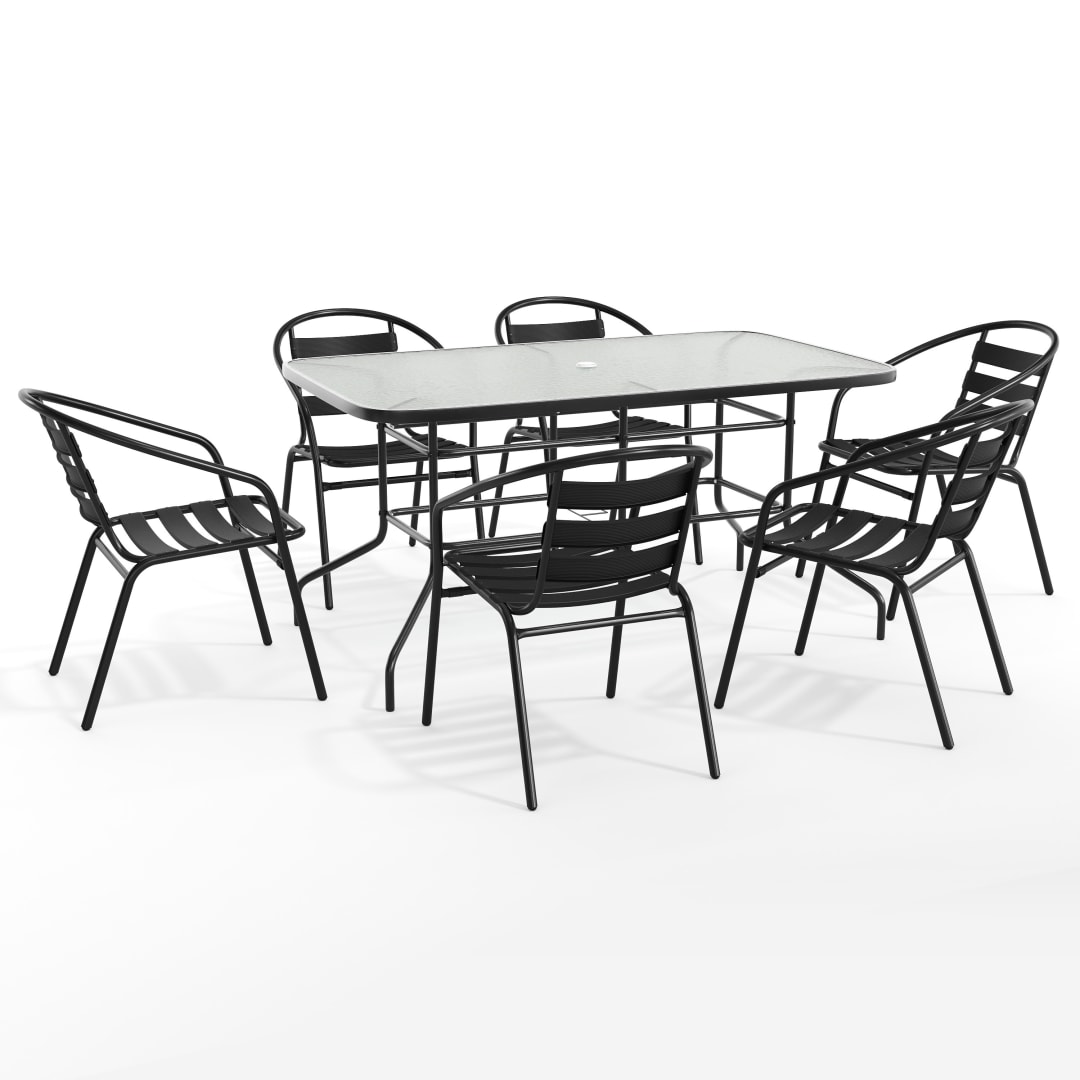 Lila 7 Piece Patio Dining Set - 55" Tempered Glass Patio Table with Umbrella Hole, 6 Black Metal Aluminum Slat Stack Chairs
