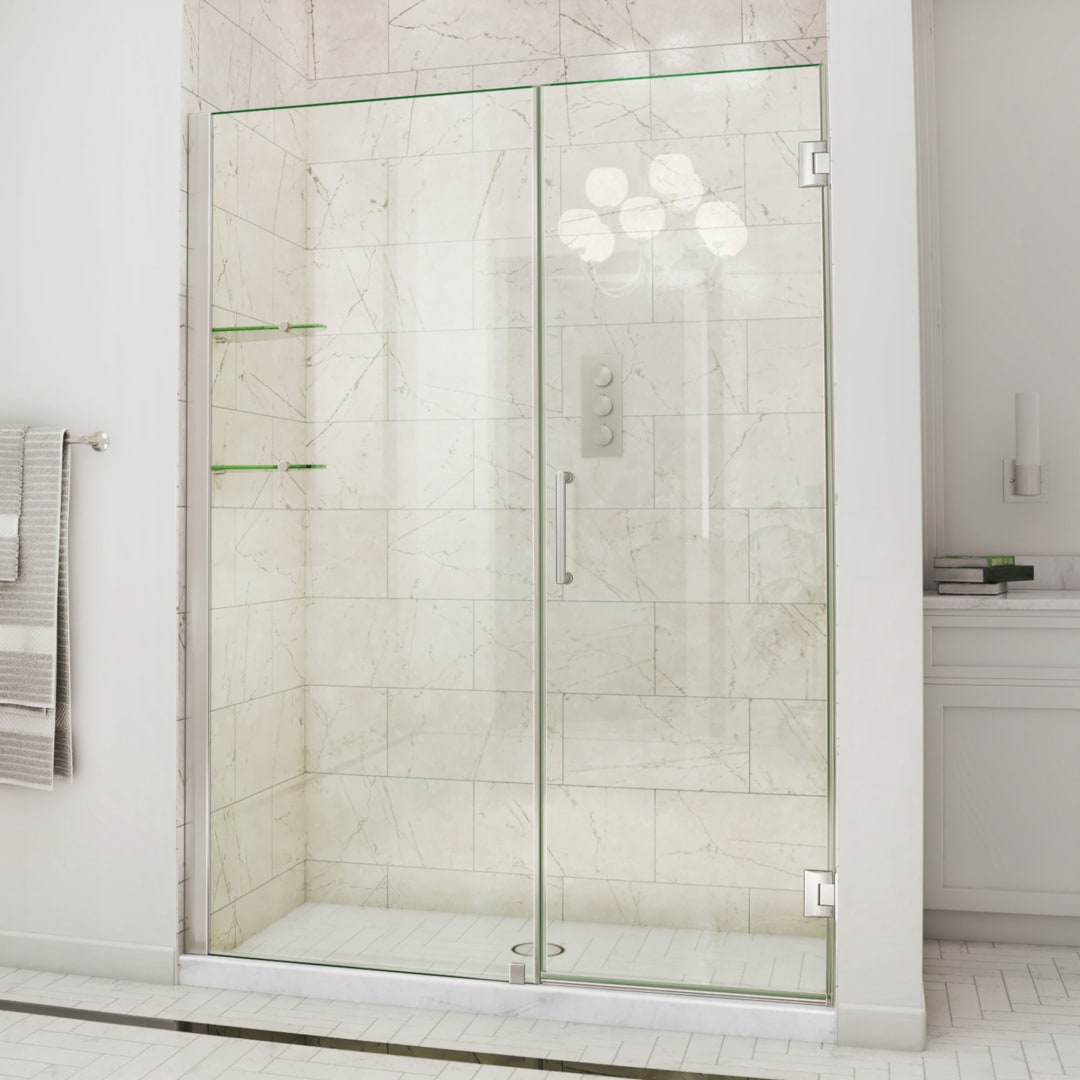 DreamLine Unidoor 59 - 60 inch W x 72 inch H Frameless Hinged Shower Door with Shelves in Brushed Nickel