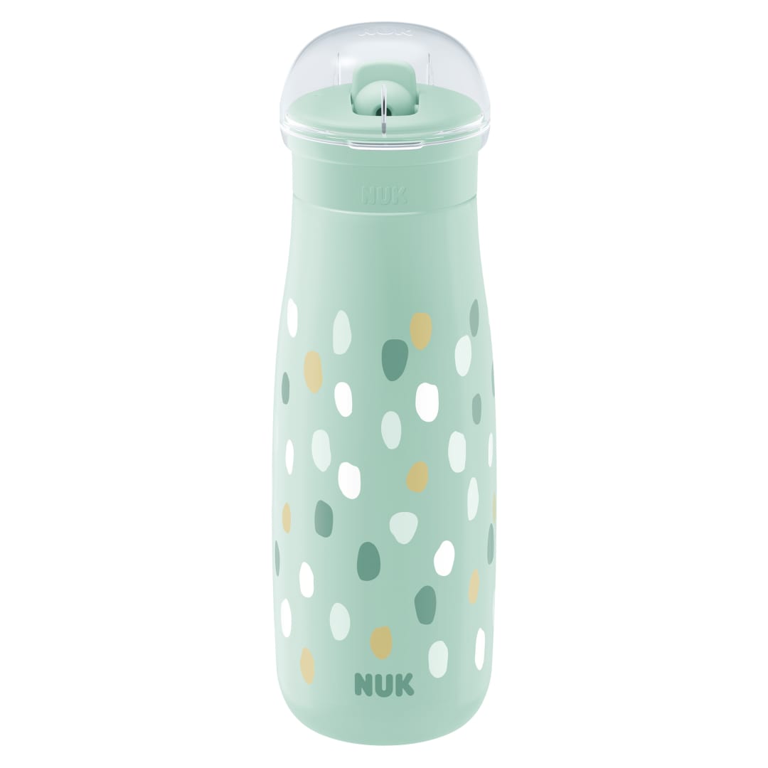 NUK Mini-Me Sip vaso para niños pequeños con pajita | 12+ meses | 450 ml | Botella de agua para niños | Boquilla endurecida a prueba de fugas | A prueba de roturas | Lunares menta