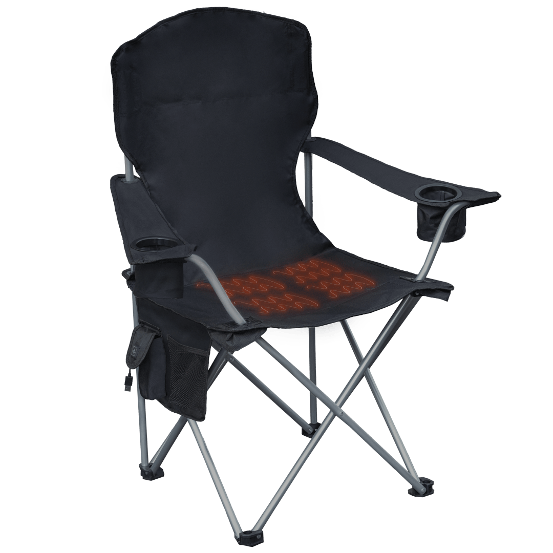 3 x 3 x 3 ft Black Heated Deluxe Quad Outdoor Camping Chair, Folding Heated Chair with 18" USB Cable, Storage Compartment, and Cup Holders