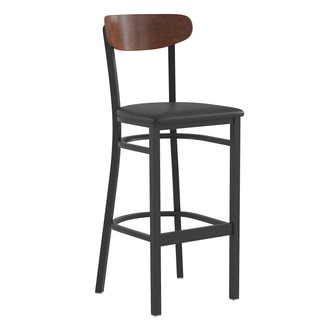 Wright Commercial Barstool with 500 LB. Capacity Black Steel Frame, Walnut Finish Wooden Boomerang Back, and Black Vinyl Seat