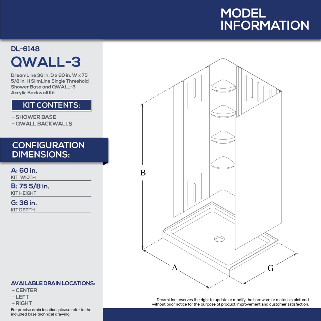 DreamLine 36 inch D x 60 inch W x 75 5/8 inch H Right Drain Shower Base ...