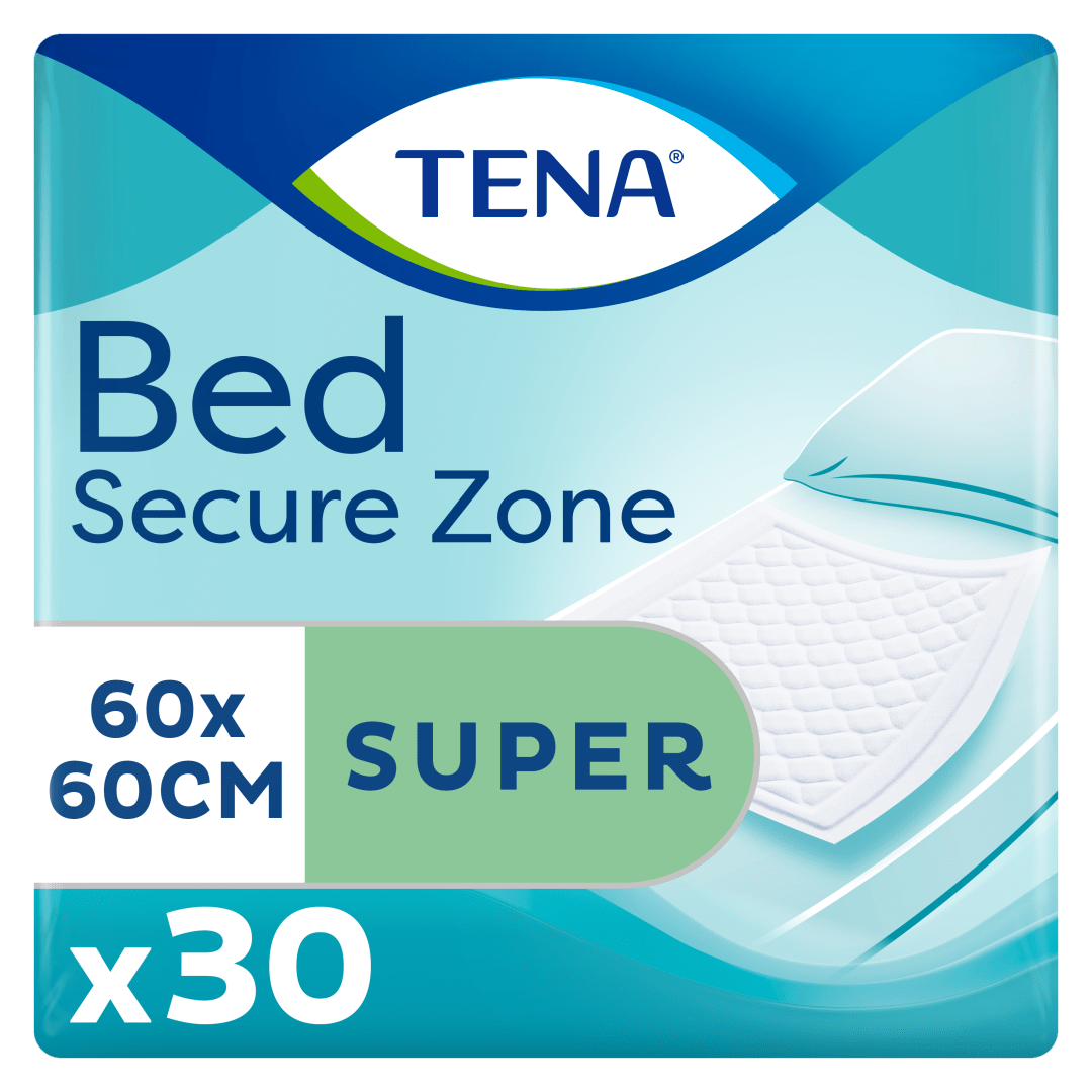 TENA Bed Secure Zone Super – Incontinence Bed Pads for Mattresses, Chairs &amp; Wheelchairs, Secure Zone Pattern with Super-Absorbent Micro Beads, Dermatologically Tested - 60 cm x 60 cm, Pack of 30