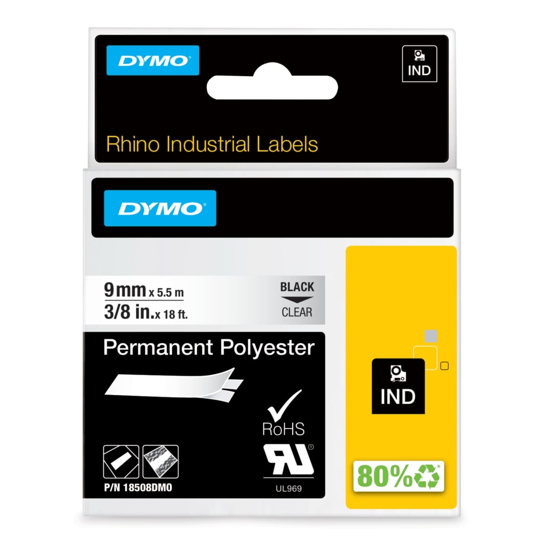 DYMO® Rhino Industrial Permanent Polyester Labels, 3/8", Black Print on Clear Tape