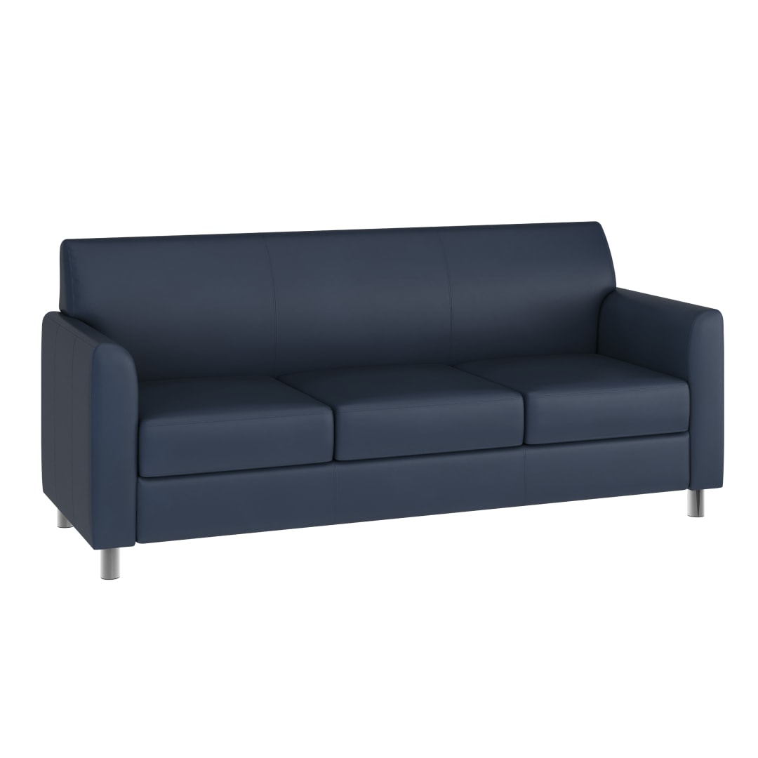 HERCULES Diplomat Navy LeatherSoft Sofa with Clean Line-Stitched Frame and Chrome Legs