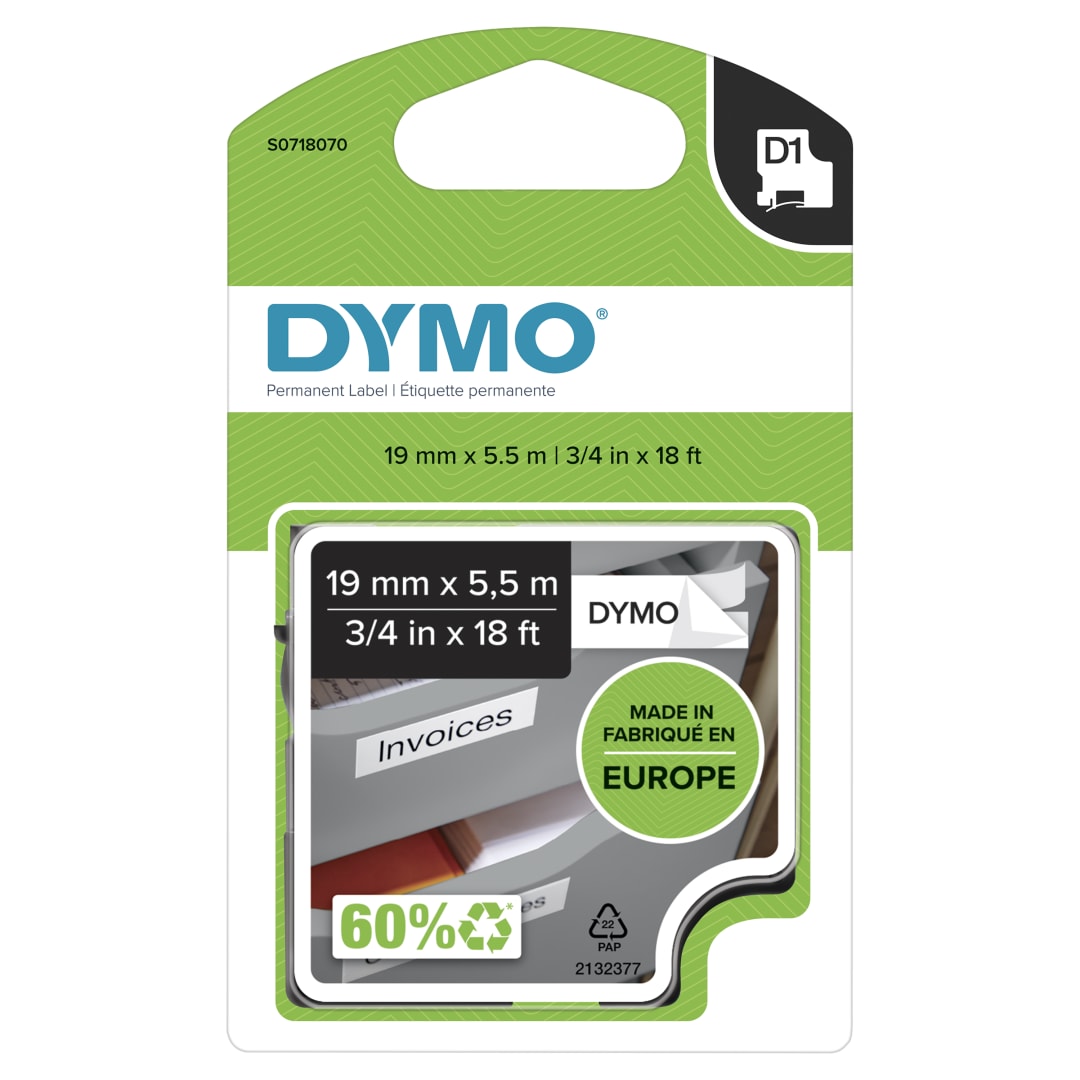 DYMO® D1 High-Performance Permanent Polyester Labels | 19 mm x 5.5m Roll | Black Print on White | Self-Adhesive Labels for LabelManager Label Printers | Authentic