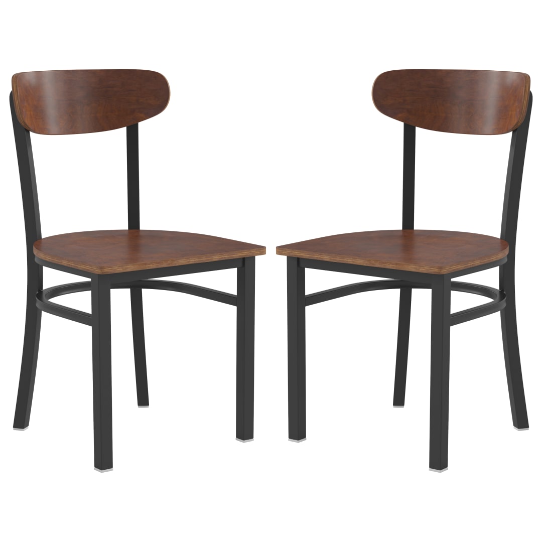 Wright Set of 2 Commercial Grade Dining Chairs with 500 LB. Capacity Black Steel Frame, Solid Wood Seat, and Boomerang Back, Walnut Finish