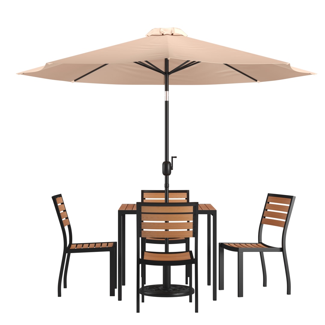 Lark 7 Piece All-Weather Deck or Patio Set - 4 Stacking Faux Teak Chairs, 35" Square Faux Teak Table, Tan Umbrella & Base
